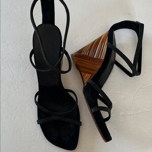 Glory Chen bamboo wedge heel suede black strap sandals zip back 8.5 vintage